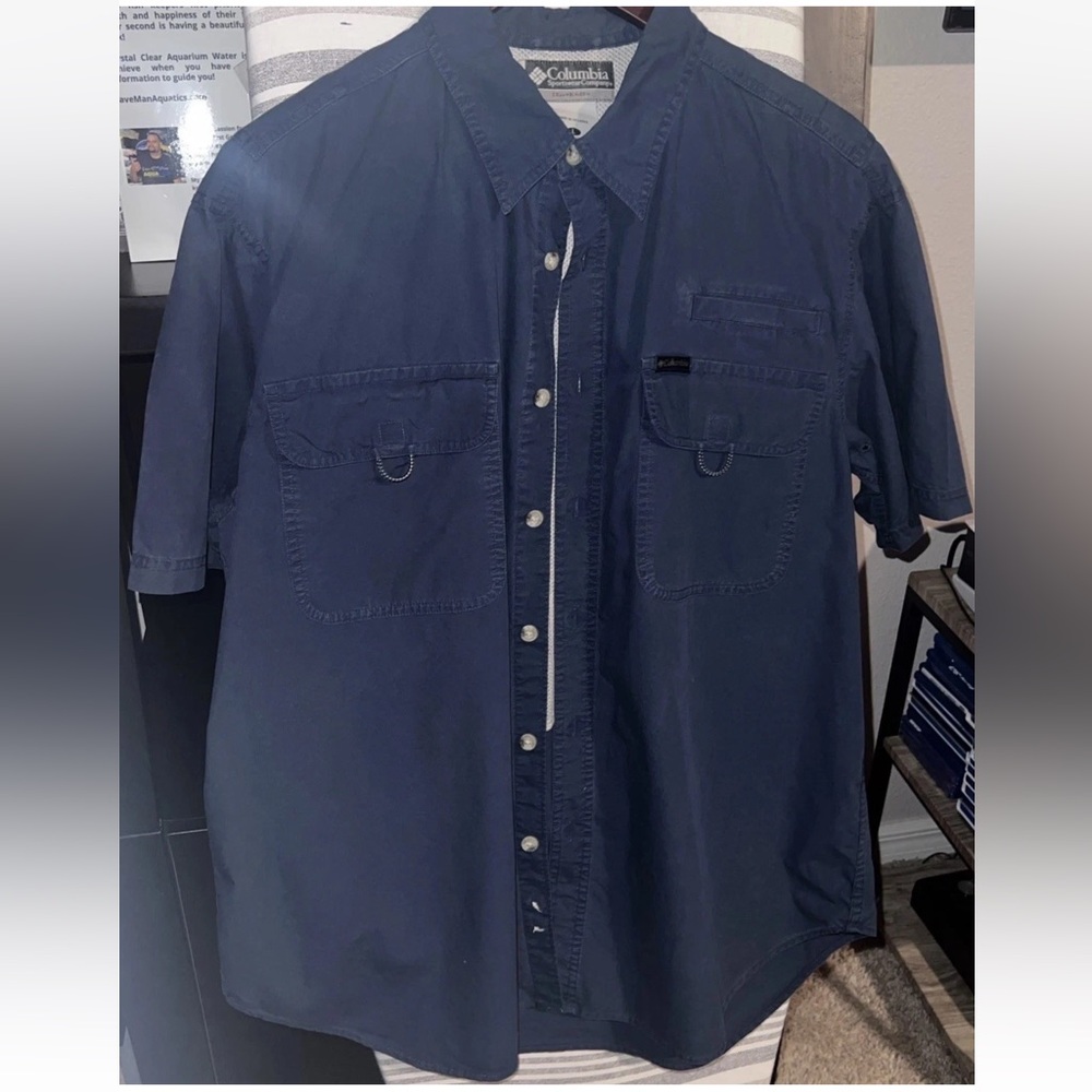 Columbia Solid Blue XCO Work Shirt Mens L Short Sleeve Button Fishing Hunting